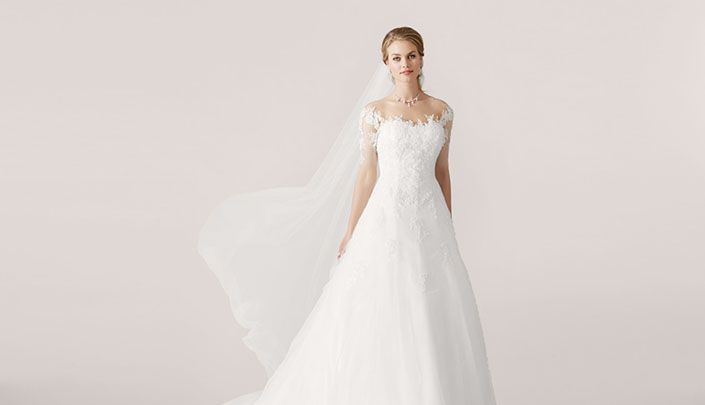 Braut in einem eleganten weißen Spitzenkleid mit transparenten Ärmeln und langem Schleier vor neutralem Hintergrund